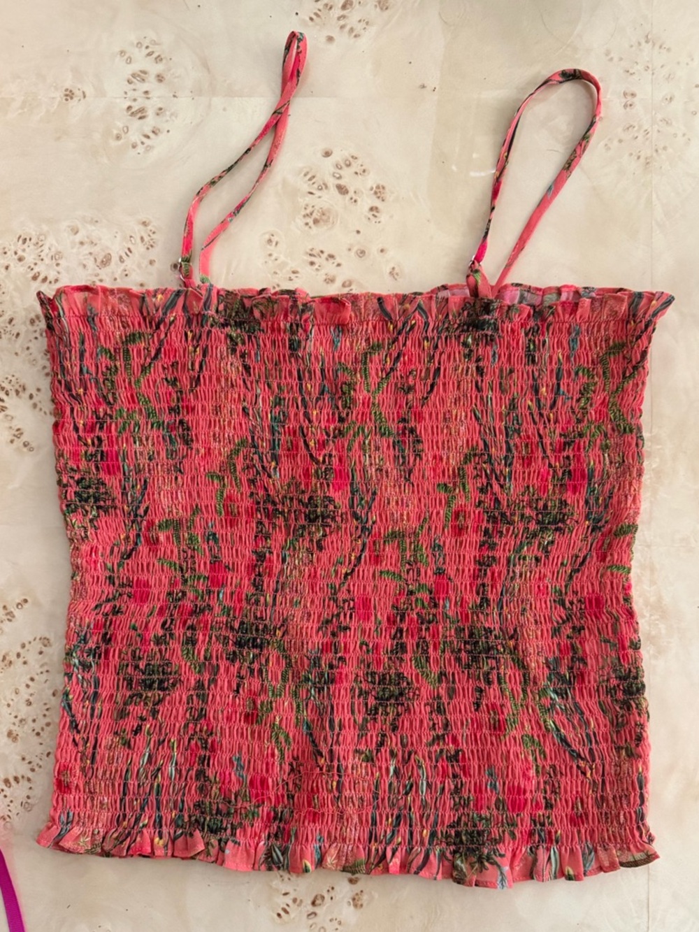 Smocked Coral Floral Cami Top with Adjustable Straps